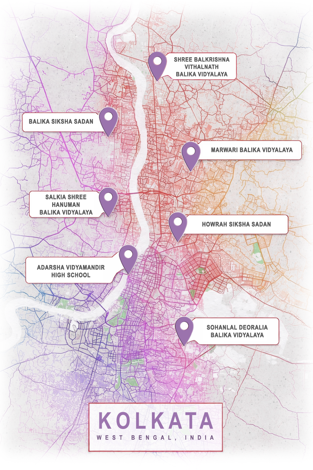 Map showing school locations reached by Iron Butterflies in Kolkata